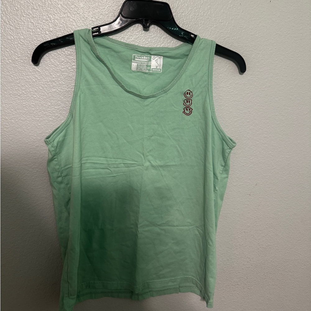 Dutch Bros Light Green Tank Top with Smiley Accents